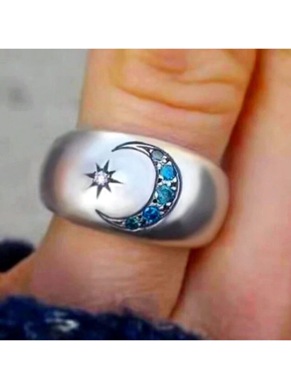Blue zircon ring carved with sun and moon for women silver color